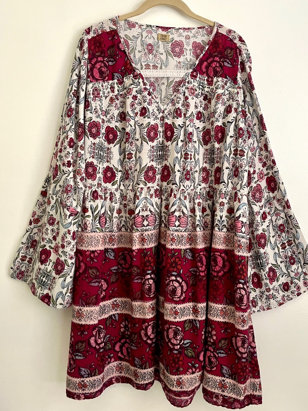 True Craft Floral Shift Dress XXL White Pink Long Bell Sleeves Cottagecore Boho